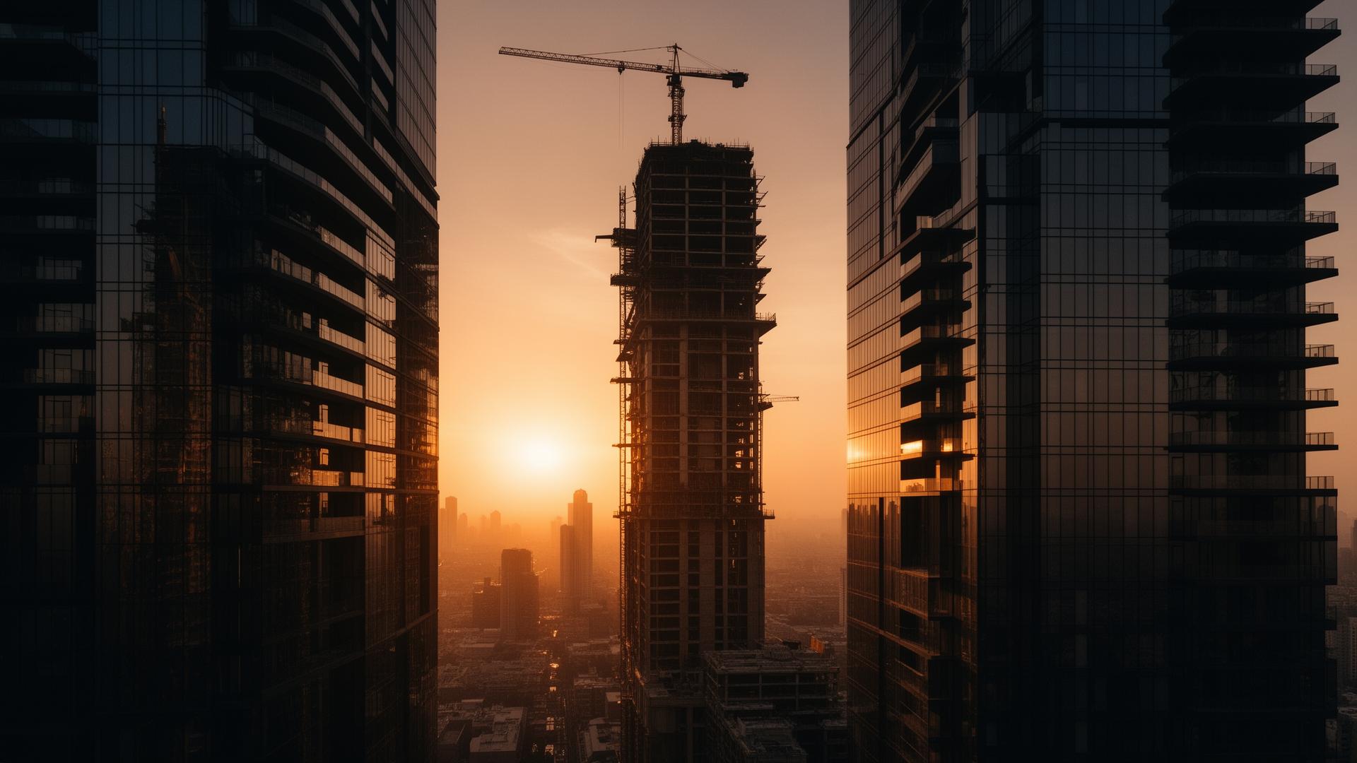 Construcción de torre moderna al atardecer